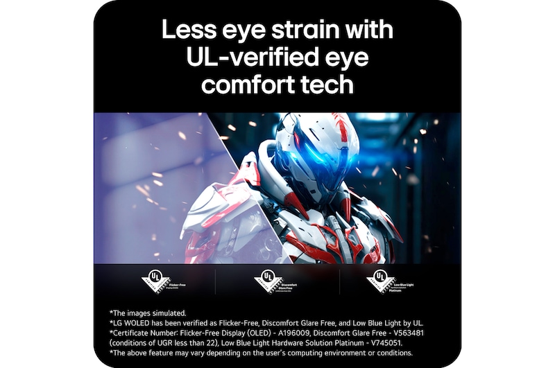 39GX90SB-W This image highlights UL-verified eye comfort technology, showcasing reduced eye strain with flicker-free display, low blue light, and minimized glare for a more comfortable viewing experience.