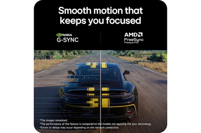 39GX90SB-W Racing scene from Assetto Corsa Competizione displayed on a gaming monitor, featuring Adaptive Sync support with NVIDIA G-SYNC and AMD FreeSync Premium for smooth, tear-free gameplay.