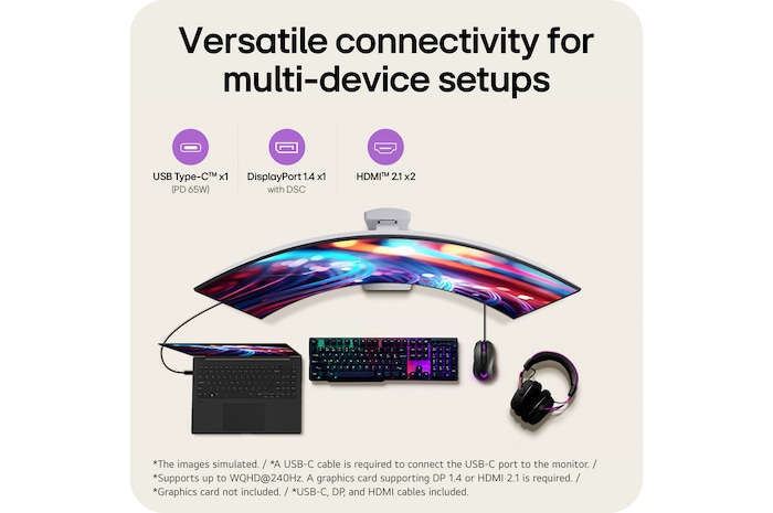 39GX90SB-W This image presents the connectivity options of an LG curved gaming monitor, including USB Type-C™ with PD 65W, DisplayPort 1.4 with DSC, and HDMI™ 2.1 ports, along with a laptop, keyboard, mouse, and headset setup for a versatile gaming and work environment.