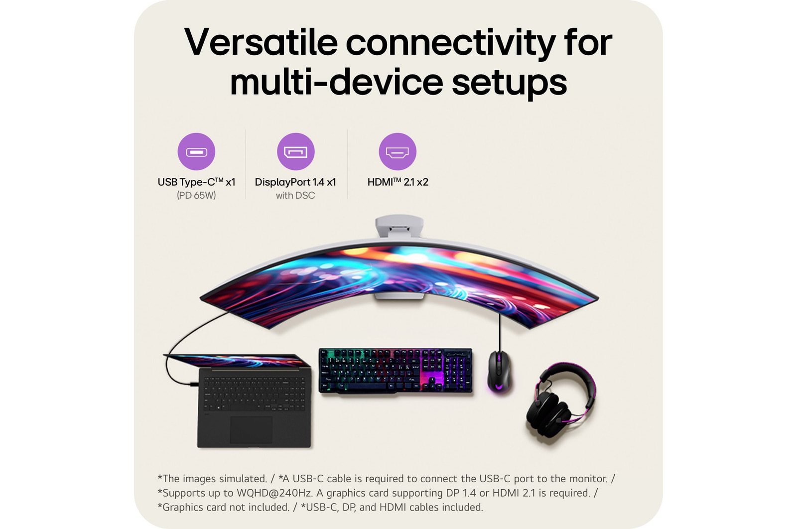39GX90SB-W This image presents the connectivity options of an LG curved gaming monitor, including USB Type-C™ with PD 65W, DisplayPort 1.4 with DSC, and HDMI™ 2.1 ports, along with a laptop, keyboard, mouse, and headset setup for a versatile gaming and work environment.