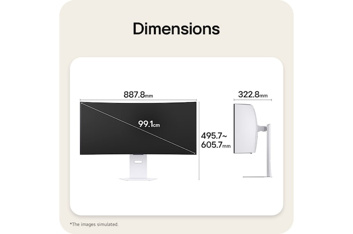39GX90SB-W Front and side views of a gaming monitor illustrating its overall dimensions and profile design.