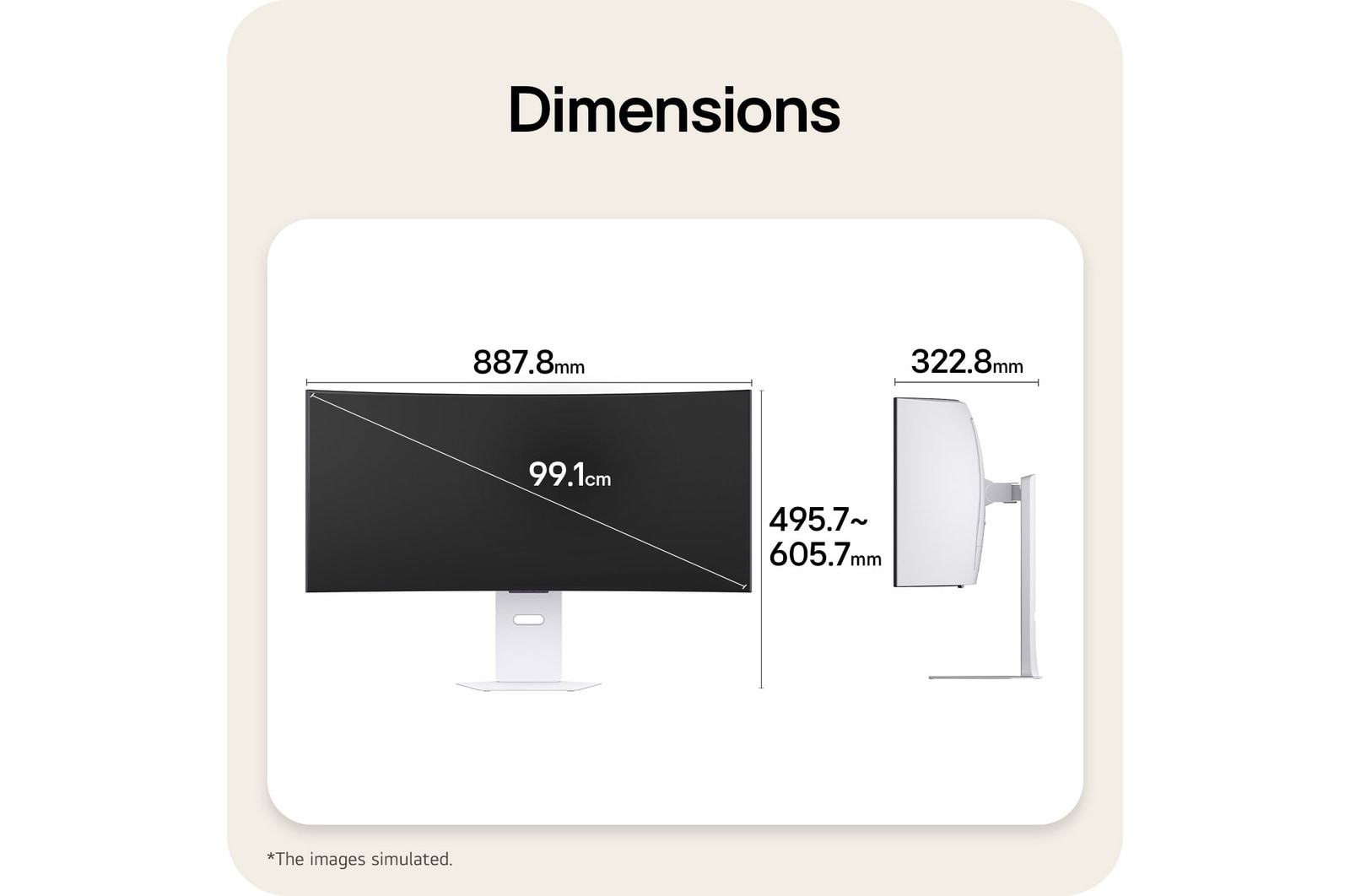 39GX90SB-W Front and side views of a gaming monitor illustrating its overall dimensions and profile design.
