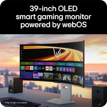 39GX90SB-W UltraGear™ GX9s OLED gaming monitor displaying the webOS interface on a curved screen, set on a desk with stereo speakers.