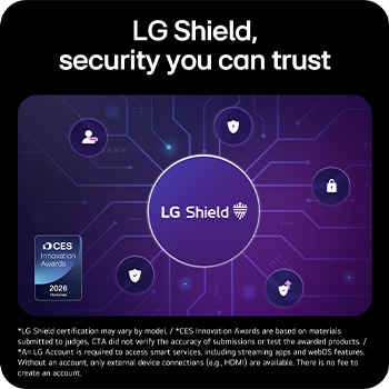 39GX90SB-W This image highlights LG Shield security system with network encryption, data protection, and multi layer security visualization, emphasizing secure data storage, safe transmission, and award winning smart device security technology.