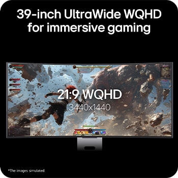 39GX90SB-W This image highlights a 39-inch UltraWide WQHD (3440x1440) display in a 21:9 aspect ratio, delivering an immersive gaming experience with a wider field of view.
