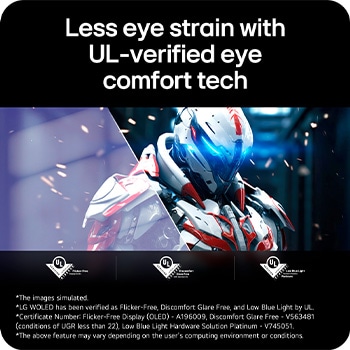 39GX90SB-W This image highlights UL-verified eye comfort technology, showcasing reduced eye strain with flicker-free display, low blue light, and minimized glare for a more comfortable viewing experience.