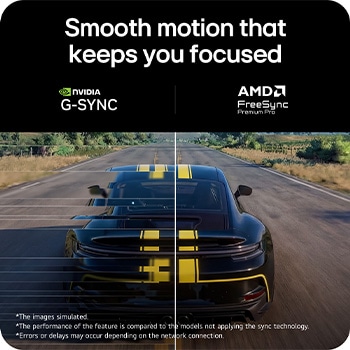 39GX90SB-W Racing scene from Assetto Corsa Competizione displayed on a gaming monitor, featuring Adaptive Sync support with NVIDIA G-SYNC and AMD FreeSync Premium for smooth, tear-free gameplay.
