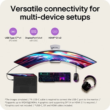 39GX90SB-W This image presents the connectivity options of an LG curved gaming monitor, including USB Type-C™ with PD 65W, DisplayPort 1.4 with DSC, and HDMI™ 2.1 ports, along with a laptop, keyboard, mouse, and headset setup for a versatile gaming and work environment.
