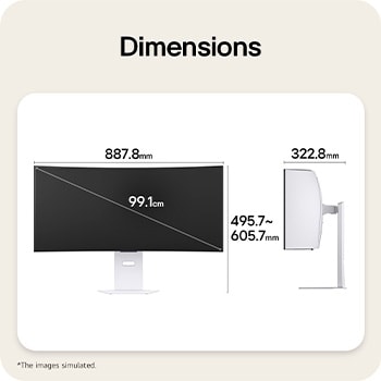 39GX90SB-W Front and side views of a gaming monitor illustrating its overall dimensions and profile design.