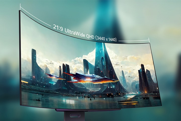 The 21:9 curved OLED monitor provides an immersive and captivating experience with a balanced and optimized aspect ratio.	