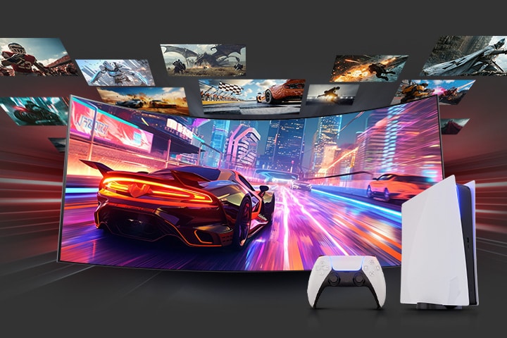 A curved gaming monitor shows a racing game with a red supercar in a neon-lit city. Other game scenes float around the screen. A white console controller is placed in front, highlighting console play.	