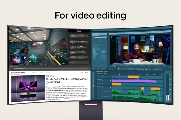 A multitasking setup showcasing gaming, video editing, design, and video calls across various apps, all displayed on an LG 5K2K OLED monitor.	