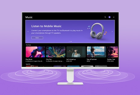 The LG Smart Monitor screen displays the music apps interface.