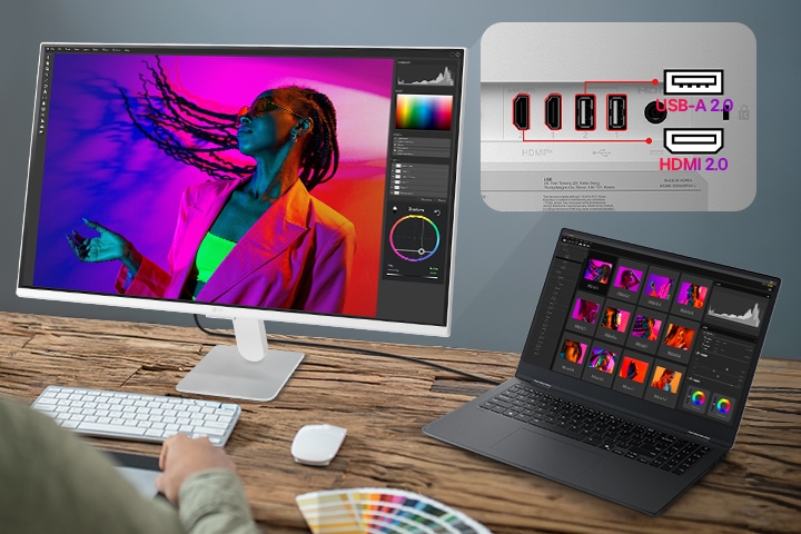 LG Smart Monitor connected to a laptop via USB C with 65W charging, showing photo editing workspace, multiple ports including USB C, USB, and HDMI, highlighting single cable connectivity, device charging, and productivity focused workstation setup