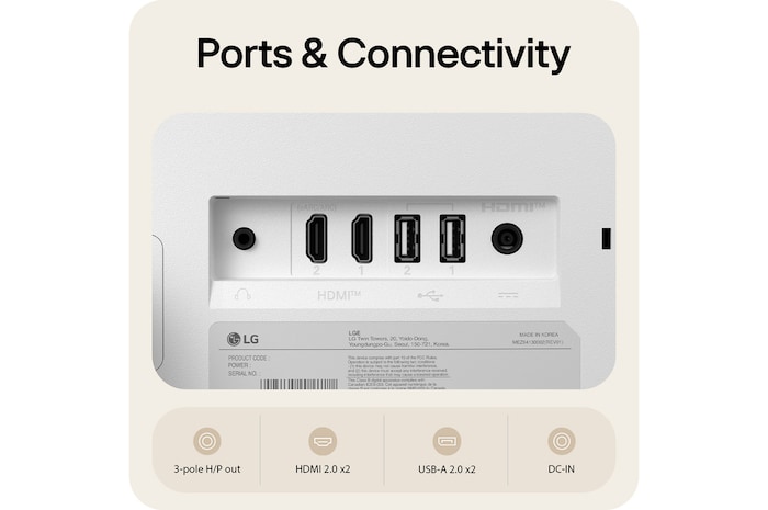 Rear ports of LG Smart Monitor 27U511SB showing HDMI 2.0, USB-A 2.0, headphone out, and DC-IN connectivity options.