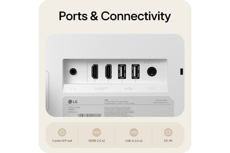 Rear ports of LG Smart Monitor 27U511SB showing HDMI 2.0, USB-A 2.0, headphone out, and DC-IN connectivity options.