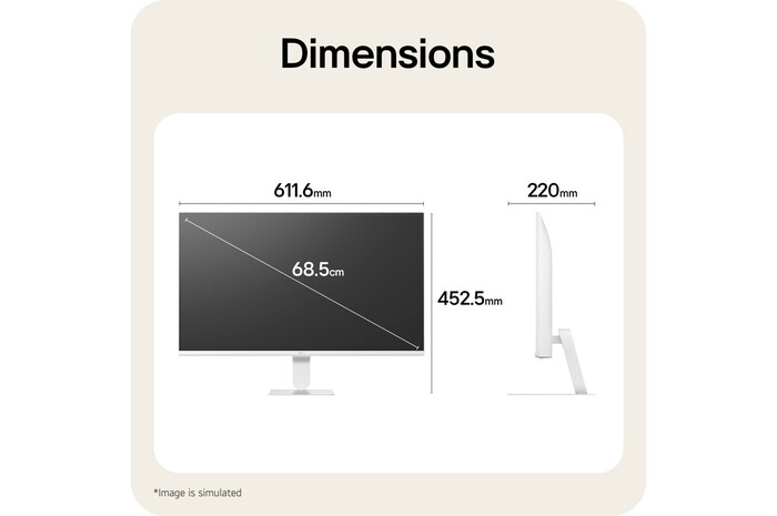 LG Smart Monitor 27U511SB dimensions illustrating overall product size and stand measurements.