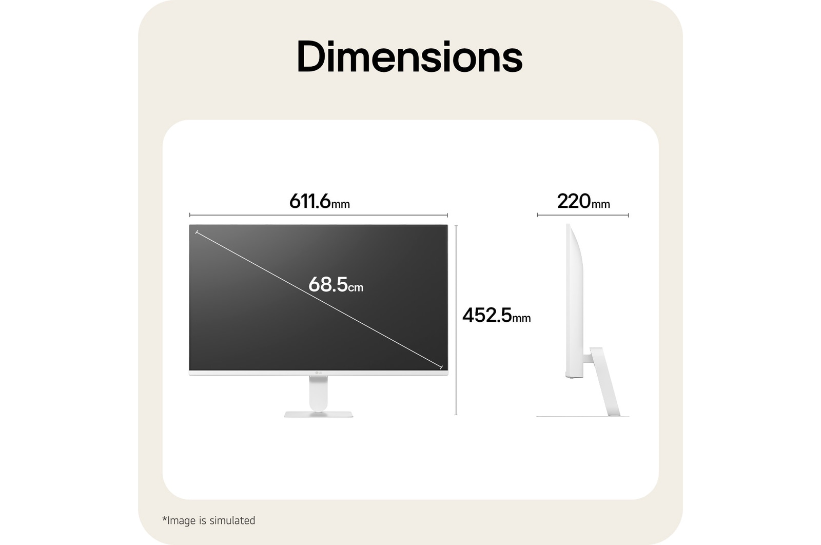 LG Smart Monitor 27U511SB dimensions illustrating overall product size and stand measurements.