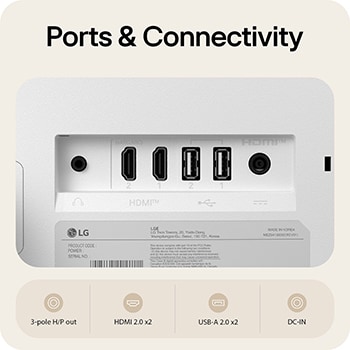 Rear ports of LG Smart Monitor 27U511SB showing HDMI 2.0, USB-A 2.0, headphone out, and DC-IN connectivity options.
