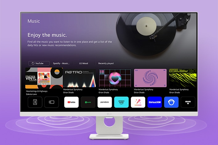 The LG Smart Monitor screen displays the music apps interface.	
