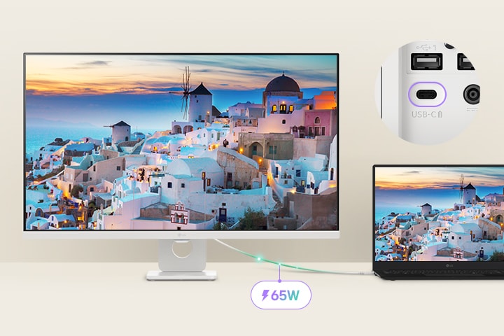 A laptop is connected to a LG Smart Monitor via USB-C. It is charging through USB-C while displaying the same screen.	