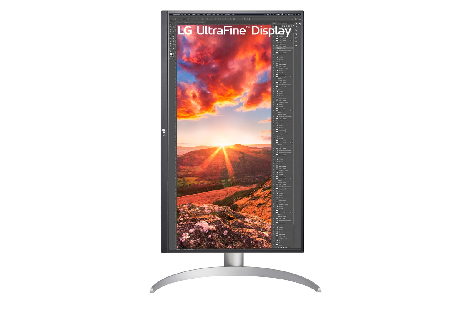 front view of 27UP850K-W with the display pivoting 90 degrees in a portrait view