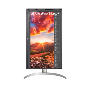 front view of 27UP850K-W with the display pivoting 90 degrees in a portrait view