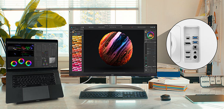 LG UltraFine™ is compatible with various types of devices by providing USB Type-C™, DisplayPort, HDMI port, and two USB ports.