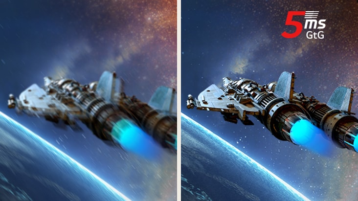 Side-by-side comparison of a spaceship in orbit, with the left side showing blurred motion and the right side showing sharp, clear visuals, demonstrating the 5ms GtG response time that reduces ghosting for smooth and consistent gameplay.