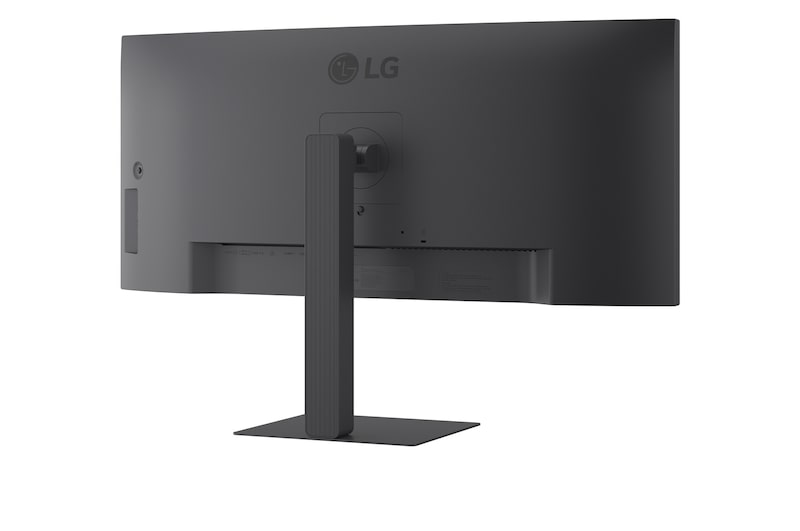 Rear angled view of monitor showing stand and ports (left)