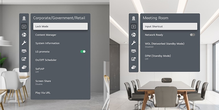 most_frequently_used_menus_are_categorized_per_industry_on_the_left_as_“corporate_/_government_/ Retail” and on the right as the “Meeting Room”.