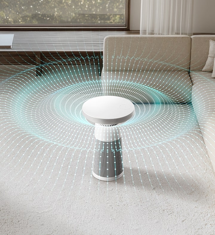 Image of LG Aerospeaker in a living room with sound waves visualized, highlighting immersive speaker function.