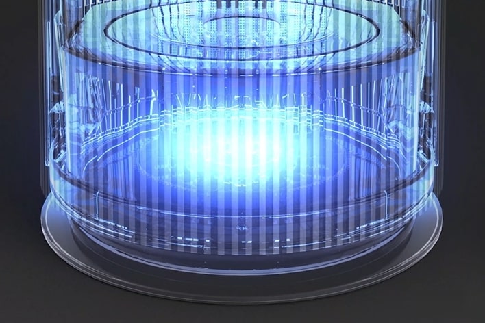 Image of LG Aerospeaker UVnano Technology with blue light, eliminating bacteria on fan blades to keep air pure.