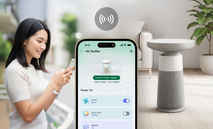 Woman using phone app to control LG purifier with mood light, shown beside smartphone screen and purifier in living room.