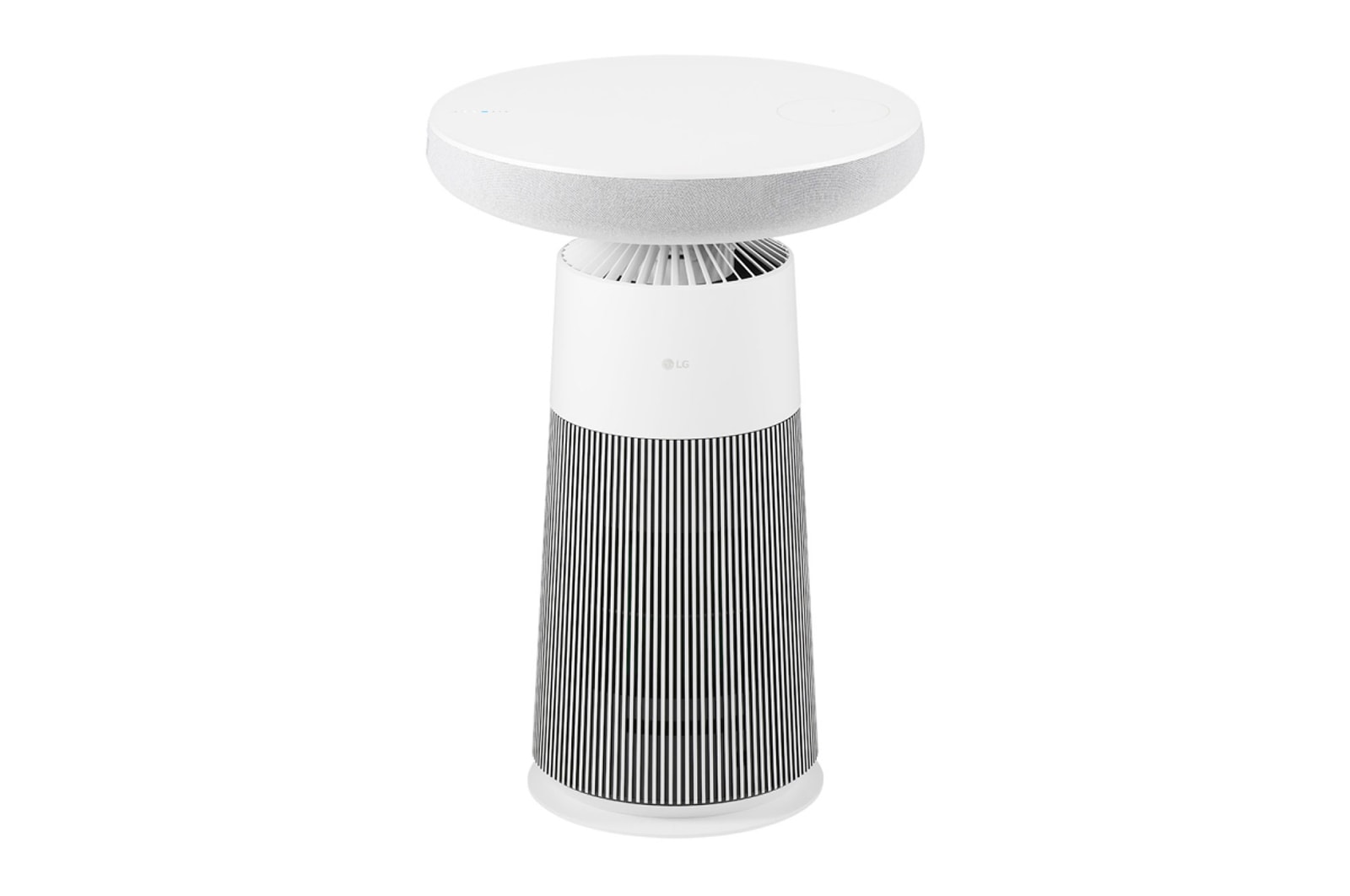 AF20SOUND Angled front view of the LG PuriCare™ Aerospeaker with white top and black striped base