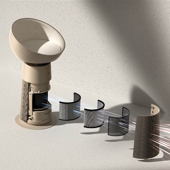 Video showing the air purifier capturing pollutants, filtering them, and releasing only clean air.	