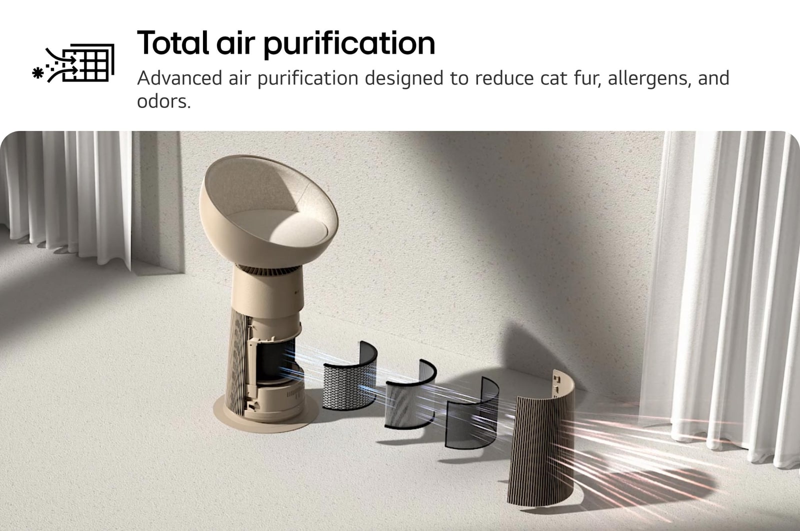 An exploded view of a pet air purifier with a heated dome seat, showcasing its multi-stage filtration system designed. Text read : 'Total air purification' : Advanced air purification designed to reduce cat fur, allergens, and odors.
