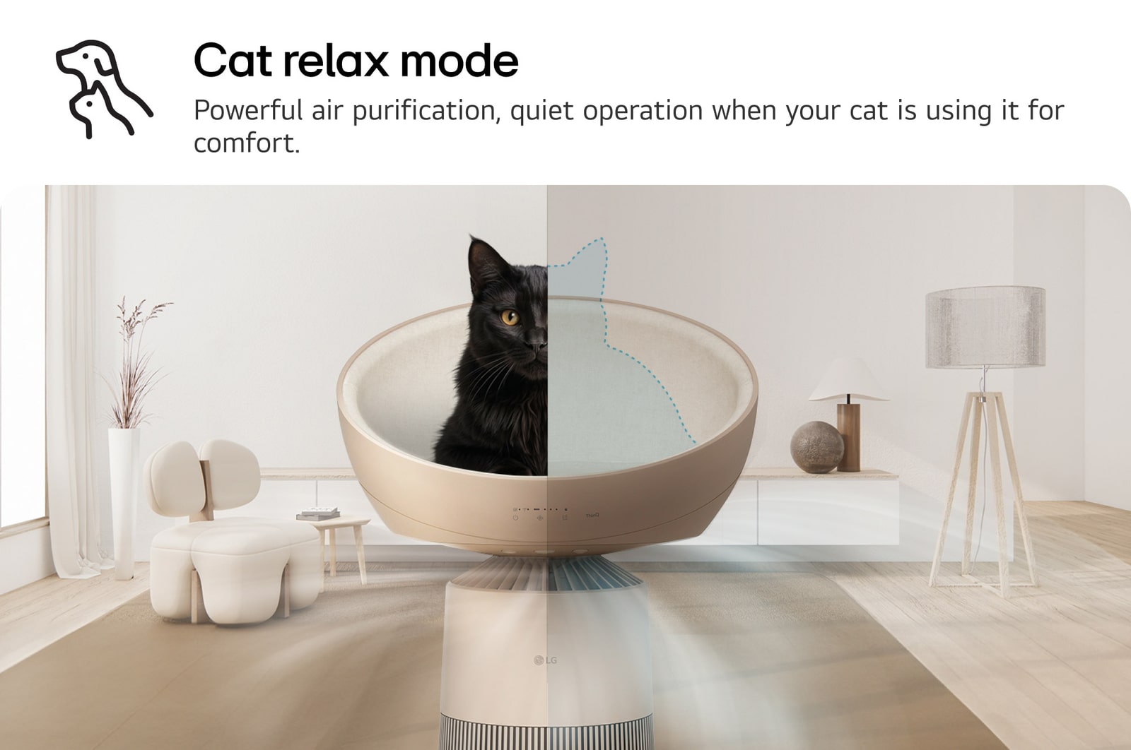Pet air purifier with a heated dome seat. The airflow adjusts based on the cat's presence: weaker when occupied, stronger when empty. Text read : ' Cat relax mode' : Powerful air purification, quiet operation when your cat is using it for comfort.