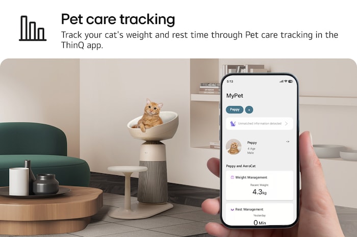 An image showing a cat sitting on air purifier seat with a heating seat. A hand holds a smartphone displaying the pet care tracking feature in the ThinQ app. Text read : 'Pet care tracking' : Track your cat's weight and rest time through Pet care tracking in the ThinQ app.