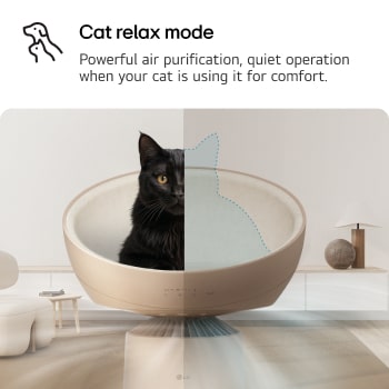 Pet air purifier with a heated dome seat. The airflow adjusts based on the cat's presence: weaker when occupied, stronger when empty. Text read : ' Cat relax mode' : Powerful air purification, quiet operation when your cat is using it for comfort.