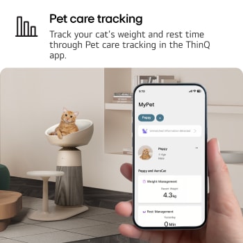 An image showing a cat sitting on air purifier seat with a heating seat. A hand holds a smartphone displaying the pet care tracking feature in the ThinQ app. Text read : 'Pet care tracking' : Track your cat's weight and rest time through Pet care tracking in the ThinQ app.