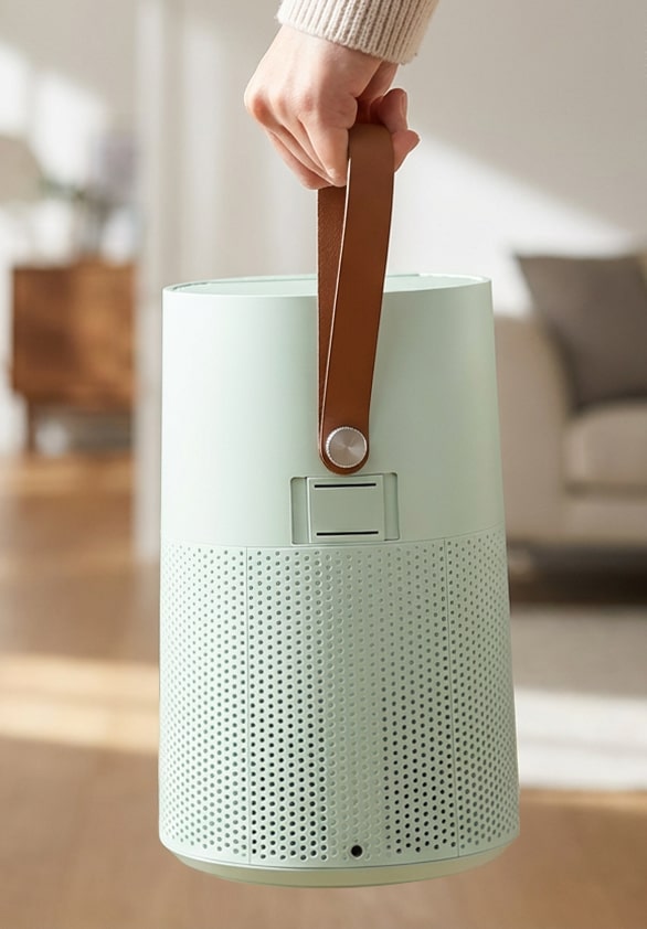A person carrying a mint-colored LG air purifier by its brown leather handle, showcasing its portable and compact design in a blurred home setting.