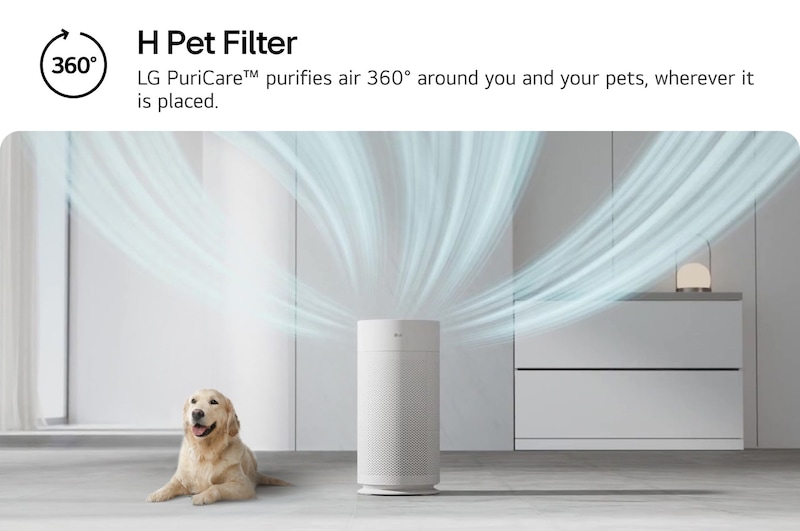 LG PuriCare air purifier in a modern room, with clean air circulating outward in all directions to showcase 360° purification. Text reads 'H Pet Filter: LG PuriCare™ purifies air 360° around you and your pets, wherever it is placed.'