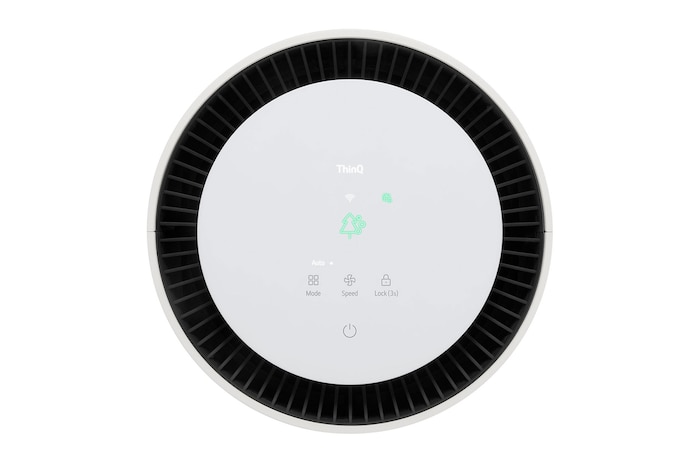 Close-up of the LG air purifier's top display with air quality indicator lights on