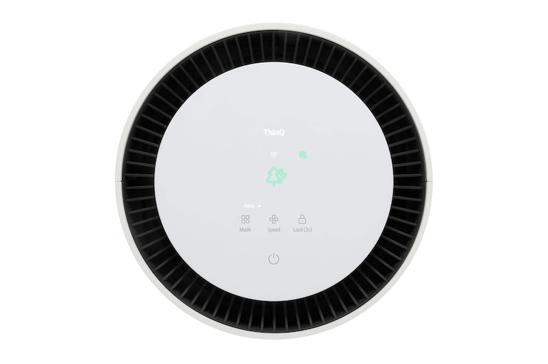 Close-up of the LG air purifier's top display with air quality indicator lights on