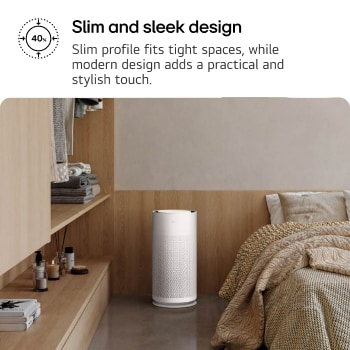 Compact white LG PuriCare™ AeroHit Pet air purifier placed in a cozy bedroom corner beside a wooden shelf. Text reads 'Slim and sleek design: Slim profile fits tight spaces, while modern design adds a practical and stylish touch.'