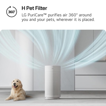 LG PuriCare air purifier in a modern room, with clean air circulating outward in all directions to showcase 360° purification. Text reads 'H Pet Filter: LG PuriCare™ purifies air 360° around you and your pets, wherever it is placed.'