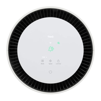 Close-up of the LG air purifier's top display with air quality indicator lights on