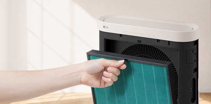 LG air purifier with a detachable cover, showing front access for easy filter maintenance and replacement.