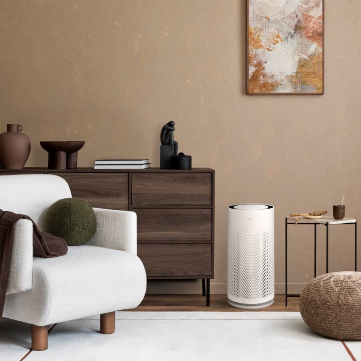 Video showcasing LG air purifier's slimmer design, with reduced space usage compared to previous models for easier placement	